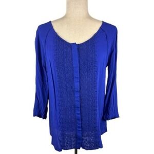 Maeve Anthropologie Blue Eyelet Embroidered 3/4 Sleeve Blouse Top Size 8‎